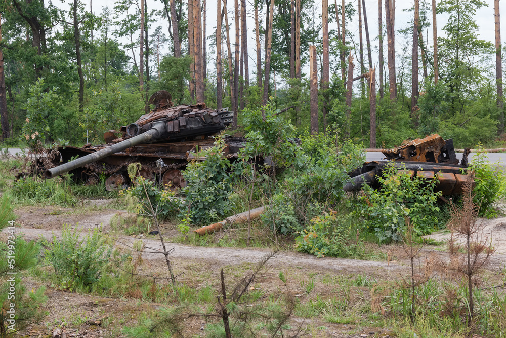 Russian tanks destroyed on forest edge, invasion of Ukraine, 2022 Russian tanks destroyed on forest edge, invasion of Ukraine, 2022