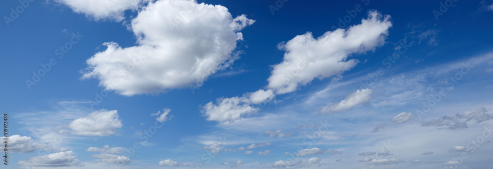 Panoramic photo of blurred sky. Blue sky background with cumulus clouds Panoramic photo of blurred sky. Blue sky background with cumulus clouds