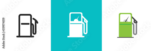 Gas petrol station icon vector line outline stroke art and flat symbol or fuel refuel gasoline car pump graphic pictogram as shape silhouette cut out clipart illustration isolated on white and blue