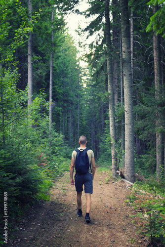 Young man with backpack walking on the trail in the forest on a summer day © Solid photos