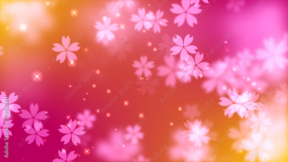 Abstract Magical Pink Orange Blurry Focus Flying Sakura Flower Shape Particles With Stars Light Background