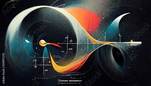 Scientific concept Quantum mechanics, formula, curvature of space-time in a gravitational field, black hole, elements of theoretical physics. Futuristic quantum background. 3d artwork photo