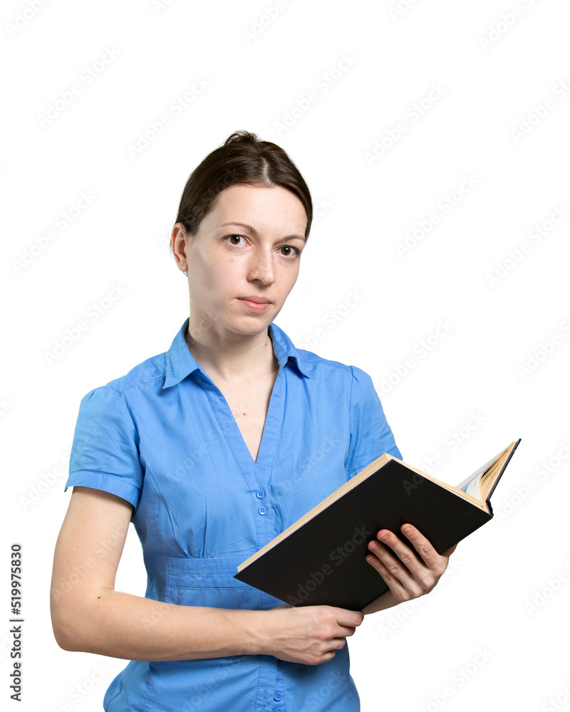 Elegant slender girl in blue dress holds book on white background. Teacher, manager or secretary at work. Elegant slender girl in blue dress holds book on white background. Teacher, manager or secretary at work.