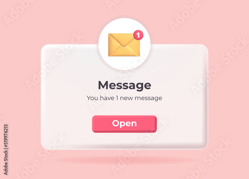 3d new message. Popup page with floating envelope. Social media, business event planning, reminder. Vector Illustration