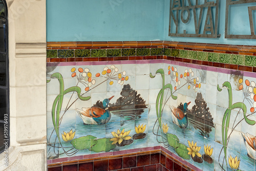 09 October 2016 : detail of azulejos panel in the museum de Arte Nova de Aveiro in Aveiro, Portugal	
