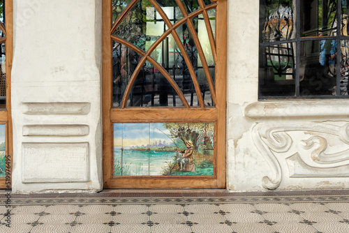 09 October 2016 : detail of azulejos panel in the museum de Arte Nova de Aveiro in Aveiro, Portugal	
