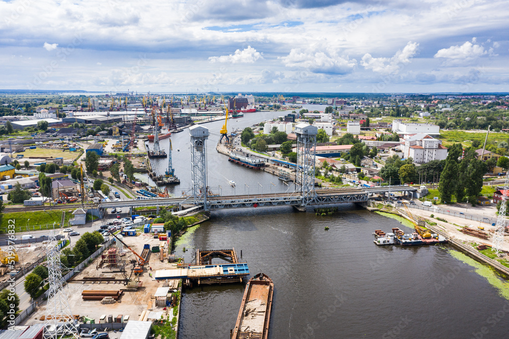 Construction of new bridges near a double-deck bridge in Kaliningrad, view from a drone