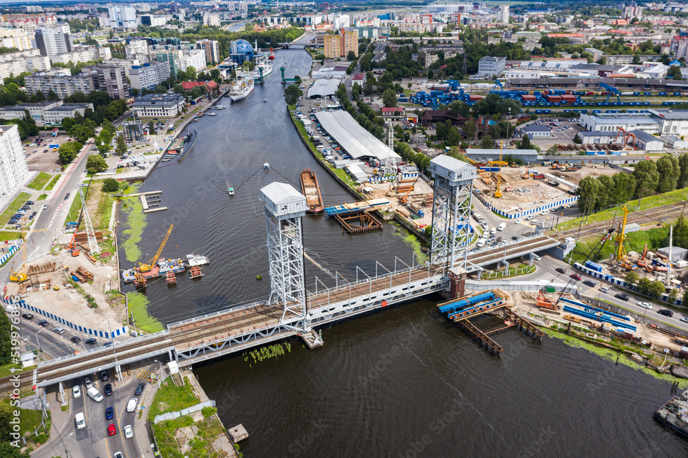 Construction of new bridges near a double-deck bridge in Kaliningrad, view from a drone