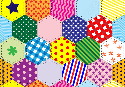 A vector illustration of a traditional patchwork quilt background in bright colours