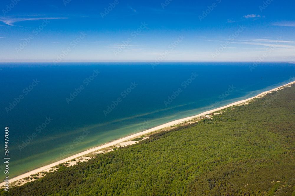 Aerial view of the coastline of Curonian Spit in summer