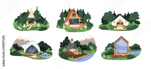 Glamping, comfortable camping with wood and glass houses, tents in nature. Modern glamourous recreation places. Premium cozy resorts. Flat graphic vector illustrations isolated on white background
