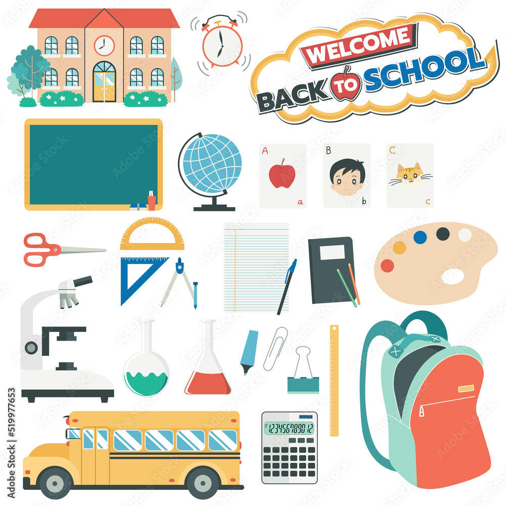 Back To School. Flat Graphic Design Set of School Supplies with