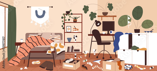 Mess and dirt in home room. Messy dirty interior. Chaos and disorder in apartment. Unclean untidy house panorama with clothes clutter, scattered stuff, garbage. Colored flat vector illustration