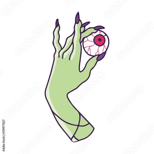 Hand drawn witch's hand holds an eye. Sweet horror. Mystic green female hand. Halloween picture. Vector clipart in cartoon style. Illustration isolated on white background.