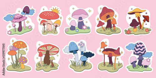 Set stickers magic hallucinogenic mushrooms. Fantasy cute elements. Retro cartoon mushrooms on the grass. Abstract modern design. Hippie style. Vector flat illustration on an isolated background.