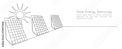 One continuous line drawing of Solar panel with sun. Green clean energy in simple linear style. Renewable and sustainable resources web banner. Editable stroke. Doodle vector illustration