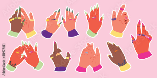 Set stickers human hand with a bright manicure. Different genders. Cartoon modern clipart. Contemporary element for your design. Vector illustration hand-drawn on a white isolated background.