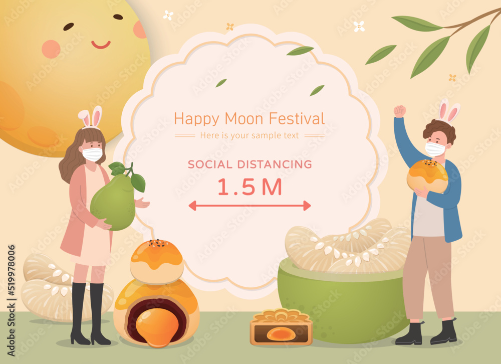 Fototapeta premium Friends family with medical masks, celebrating mid-autumn festival, traditional food moon cake with pomelo and moon, keeping social distance