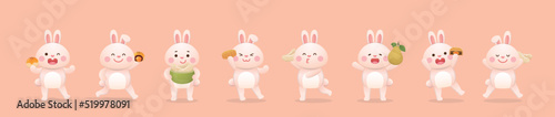 Asian traditional festival Mid Autumn Festival, set of rabbits and Mid Autumn Festival elements: moon cake and pomelo, mascot cartoon character