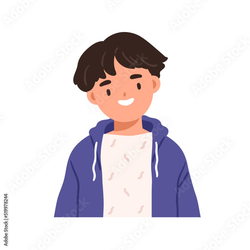 Cute happy boy head portrait. Smiling school child face avatar. Adorable little kid, elementary schoolboy. Positive excited schoolchild. Flat vector illustration isolated on white background