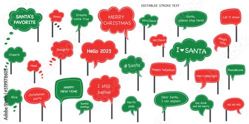 Christmas photo prop speech bubble collection. Editable stroke text. Vector stock illustration isolated on white background for Xmas and New Year photobooth selfie. EPS10. 