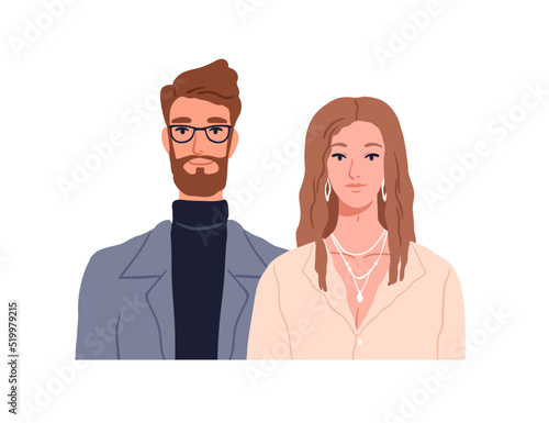 Man and woman partners couple. Two happy young elegant people characters portrait. Modern husband and wife, pretty smiling spouse, pair together. Flat vector illustration isolated on white background