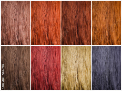 Collage with multicolored hair samples. Color palette