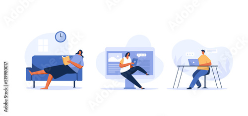 Freelance people work in comfortable conditions set. Work life balance. Flat character Illustration