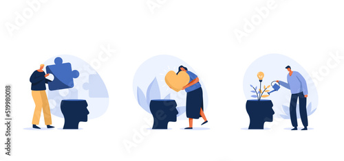 Declutter your mind. Watering plants with Big head human think growth mindset different fixed mindset. Drop the puzzle into the open head. Business Mind Set.  Flat character Illustration