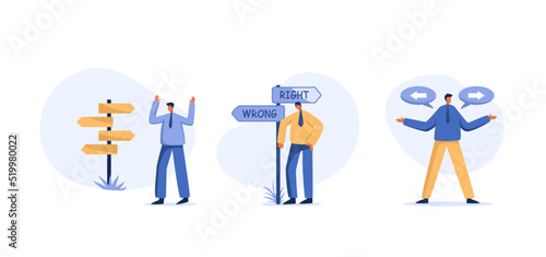 Business decision or the choice to walk. Business Man Standing Sign Choose Direction.Flat character Illustration