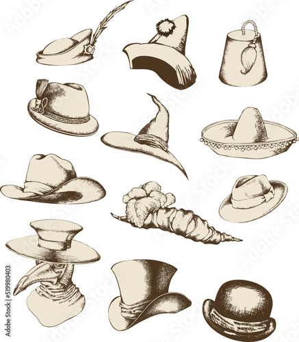  Set of different hats top hat  medieval hats  cowboy hat  Tyrolean hat  fedora  straw hat and more. Engraving style. Isolated illustration on a white background. All items are separate..