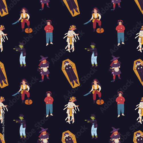 Halloween pattern with happy kids disguised in carnival costumes. Seamless holiday background with repeating print of cute Helloween children characters. Childish colored flat vector illustration