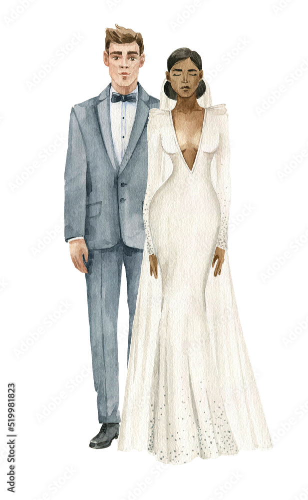 Wedding illustration. White bridegroom and black bride. Interracial couple, interracial wedding. Watercolor drawing highlighted on a white background.