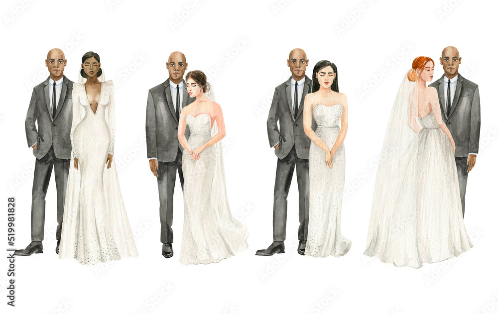 Wedding illustration. Black groom and different brides. Interracial couple, interracial wedding. Watercolor drawing isolated on white background.