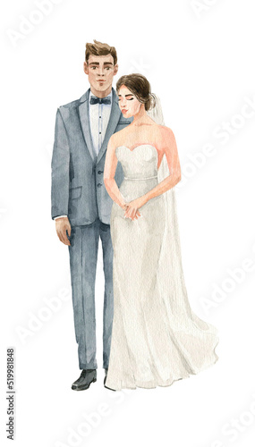 Wedding illustration. White bridegroom and white bride. Watercolor drawing highlighted on white background.