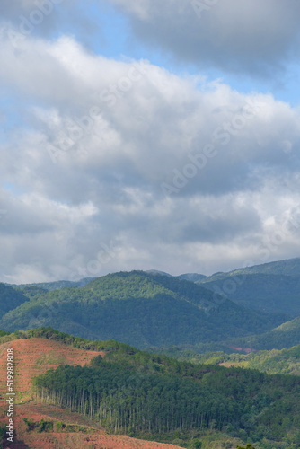 Natural scenery of mountain ranges coated green forest