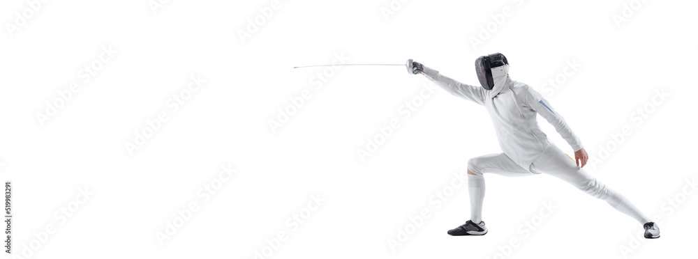 Dynamic portrait of young man, fencer in in fencing costume with sword in hand training isolated on white studio background. Sport, energy, skills Dynamic portrait of young man, fencer in in fencing costume with sword in hand training isolated on white studio background. Sport, energy, skills