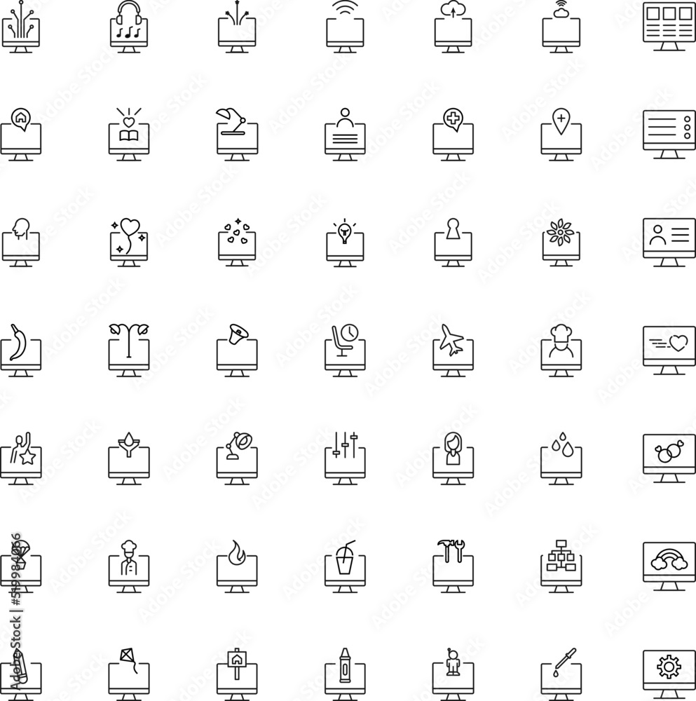 Item on pc monitor. Outline sign suitable for web sites, apps, stores etc. Vector line icons of various items and objects on computer monitor Item on pc monitor. Outline sign suitable for web sites, apps, stores etc. Vector line icons of various items and objects on computer monitor
