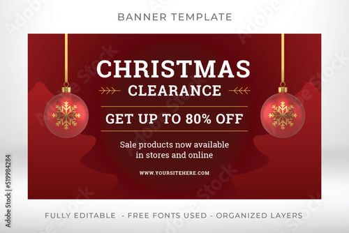 Christmas clearance price off red web banner template hanged ball toy realistic 3d icon vector