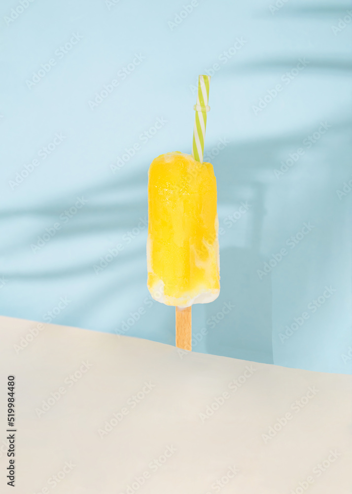 Ice cream vibrant, yellow with party cocktail straw. Summer beach palm shadow. Blue ocean and sand background. Summer day concept design. Refreshing frozen food aesthetic idea. Exotic travel Ice cream vibrant, yellow with party cocktail straw. Summer beach palm shadow. Blue ocean and sand background. Summer day concept design. Refreshing frozen food aesthetic idea. Exotic travel