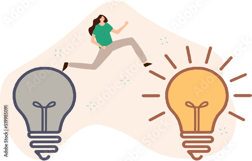Business transformation, change management or transition to better innovative company, improvement and adaptation to new normal concept, smart businessman jump from old to new shiny lightbulb idea. 