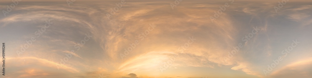 Obraz premium Bright sunset sky panorama with Cirrus clouds. Hdr seamless spherical equirectangular 360 panorama. Sky dome or zenith for 3D visualization, game and sky replacement for aerial drone 360 panoramas.