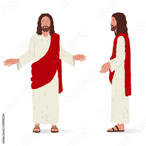 Jesus standing, front and side view. Isometric vector illustration, isolated figure.