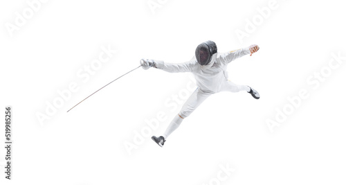 Aerial view of male fencer in fencing costume and mask holding smallsword and training isolated on white background. Sport, energy, skills