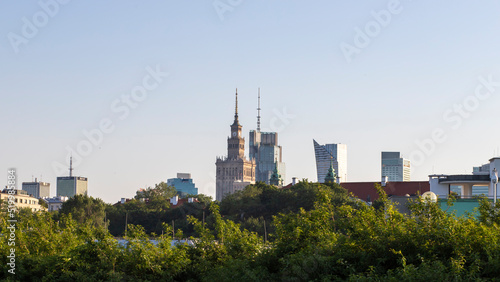 view from the park to the city center. skyline of Warsaw city. buildings in the fog on the background. view of Warsaw, Stalinka building