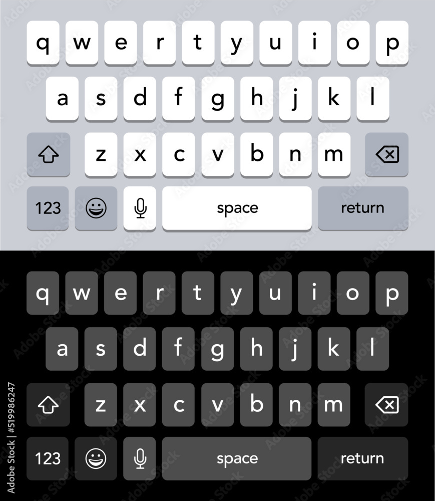 Smartphone keyboard. Mobile phone white and black screen keypad with  english qwerty alphabet. Vector isolated mockup for cell phone. Light and  dark abc buttons for device vector illustration. Stock-vektor | Adobe Stock