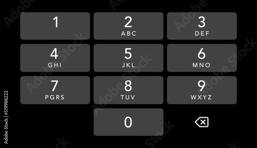 Smartphone keyboard. Mobile phone black screen keypad entry set. Vector isolated mockup for cell phone. Dark buttons with numbers for device vector illustration.