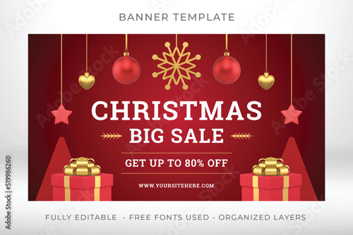 Christmas big sale premium red glossy web banner template with hanged toys realistic 3d icon vector