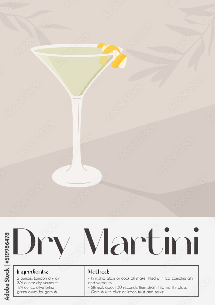Dry Martini Cocktail in glass with ice and lemon twist. Summer aperitif recipe retro elegant poster. Print with alcoholic beverage decorated with lemon twist and olive tree on background. Vector. Dry Martini Cocktail in glass with ice and lemon twist. Summer aperitif recipe retro elegant poster. Print with alcoholic beverage decorated with lemon twist and olive tree on background. Vector.