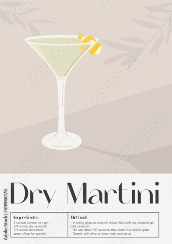 Dry Martini Cocktail in glass with ice and lemon twist. Summer aperitif recipe retro elegant poster. Print with alcoholic beverage decorated with lemon twist and olive tree on background. Vector.